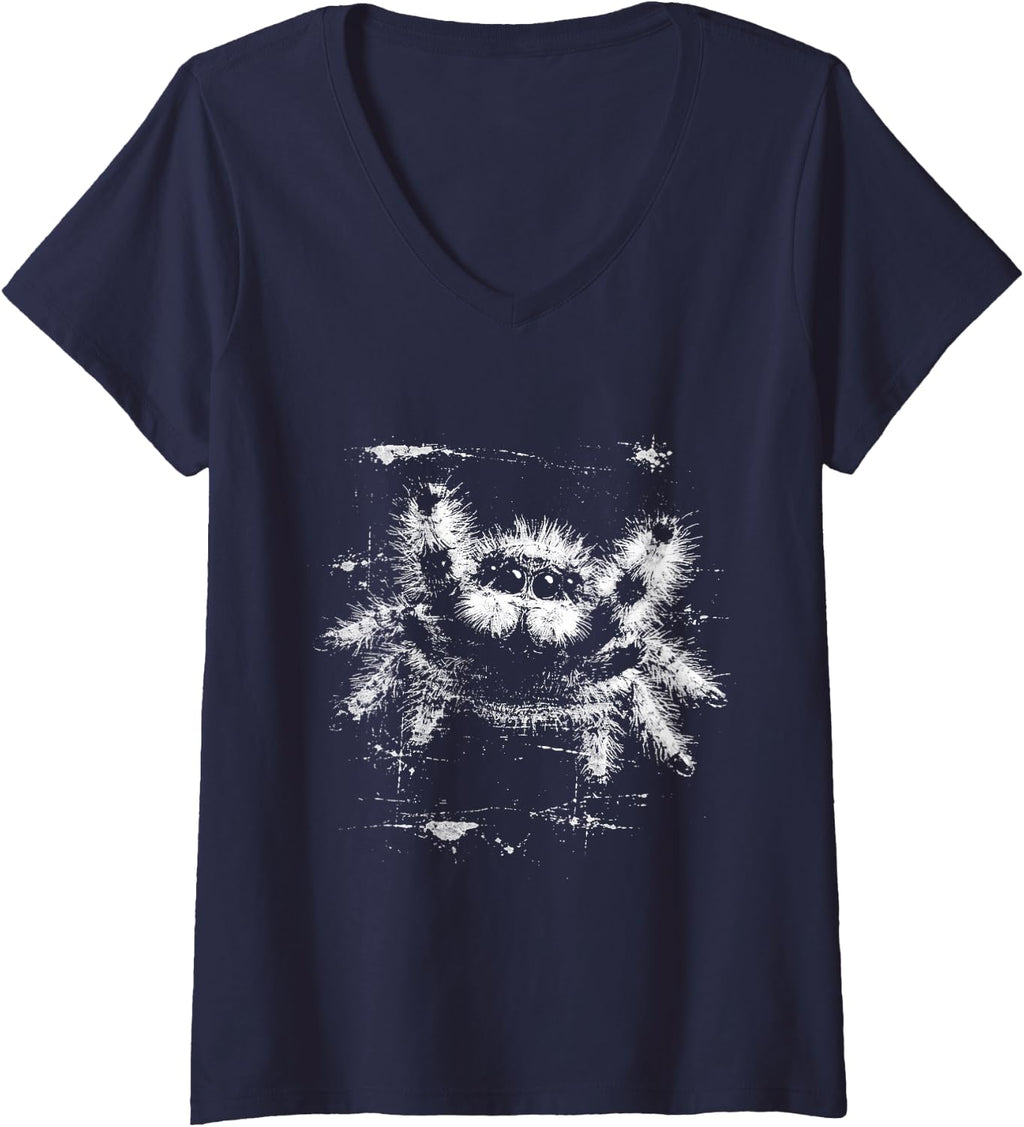 Women's Punk Vintage 90s Jumping Spider Graphic Horror Halloween V-Neck T-Shirt