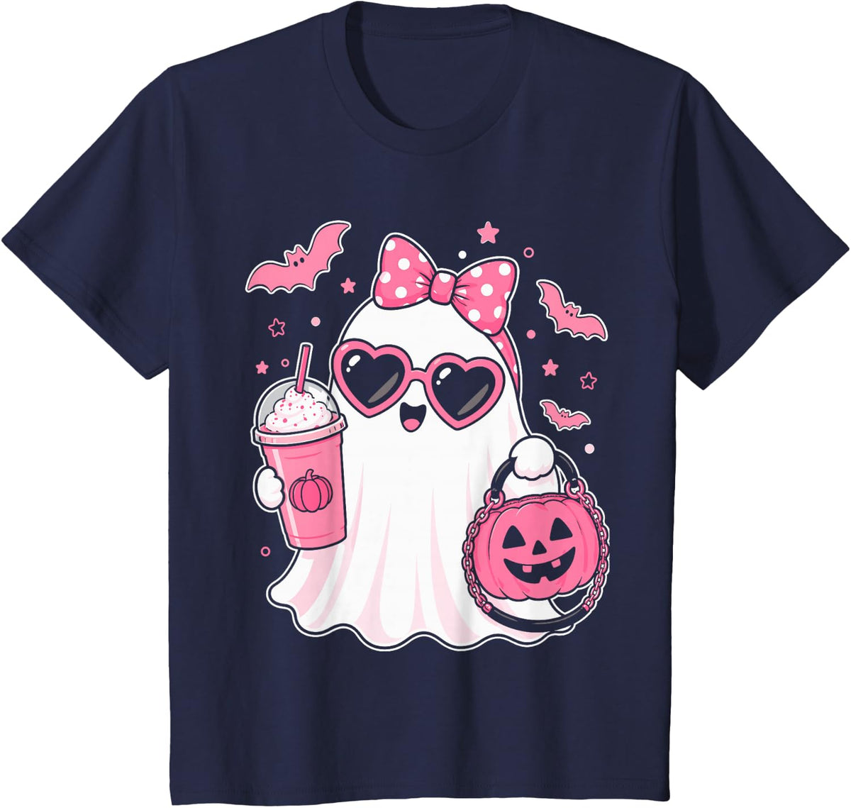 Pink Halloween Ghost Pumpkin Coffee Spooky Women Girls T-Shirt
