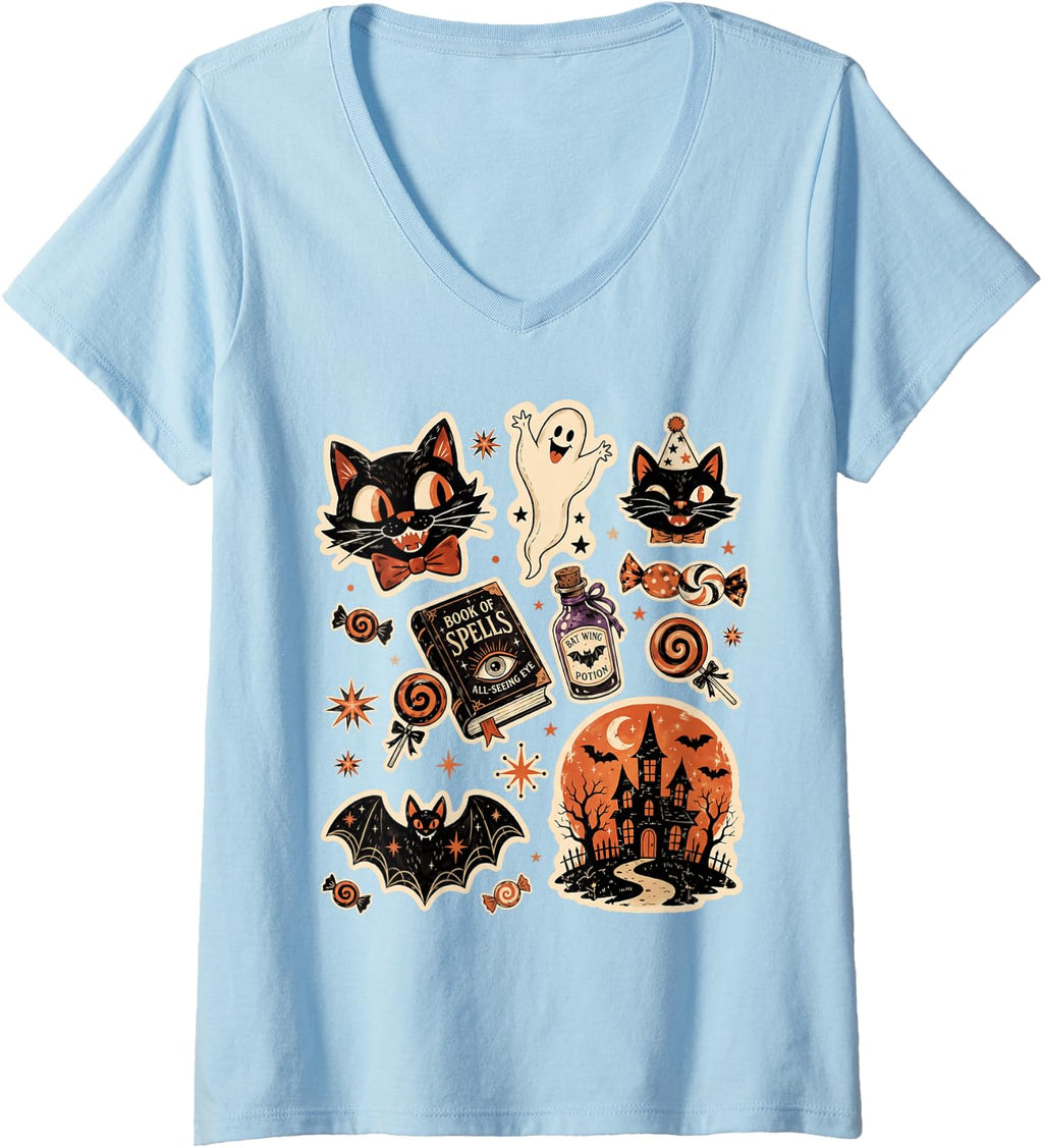 Women's Retro Vintage Halloween Black Cat Ghost Pumpkin Season V-Neck T-Shirt