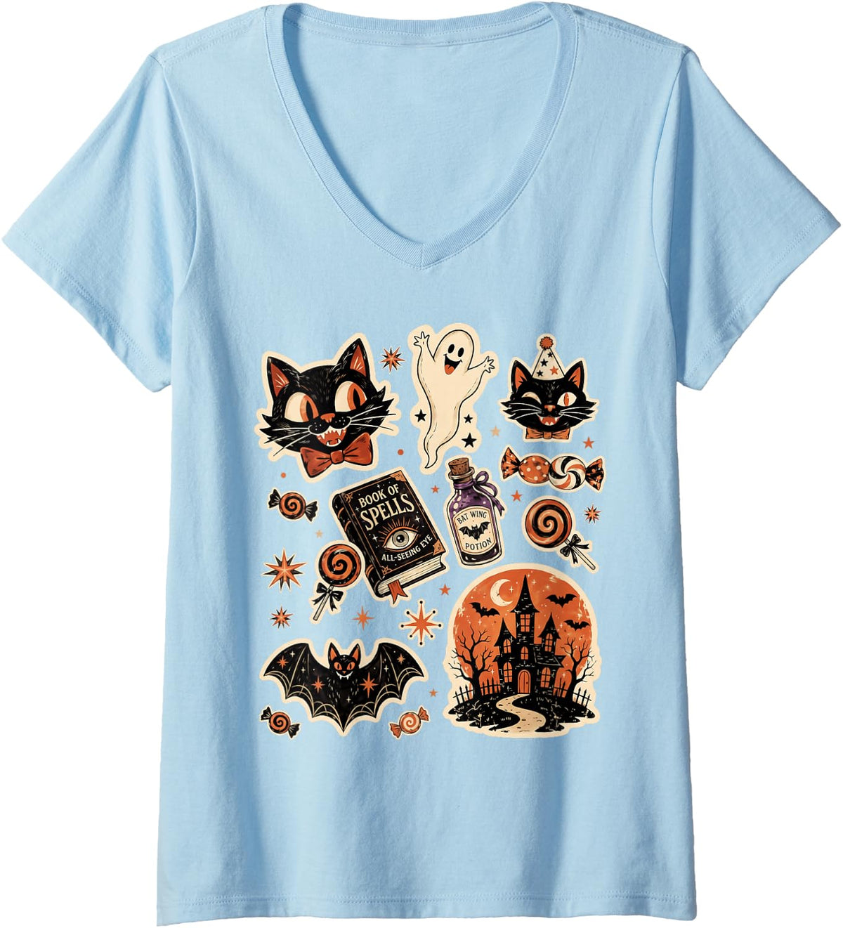 Women's Retro Vintage Halloween Black Cat Ghost Pumpkin Season V-Neck T-Shirt