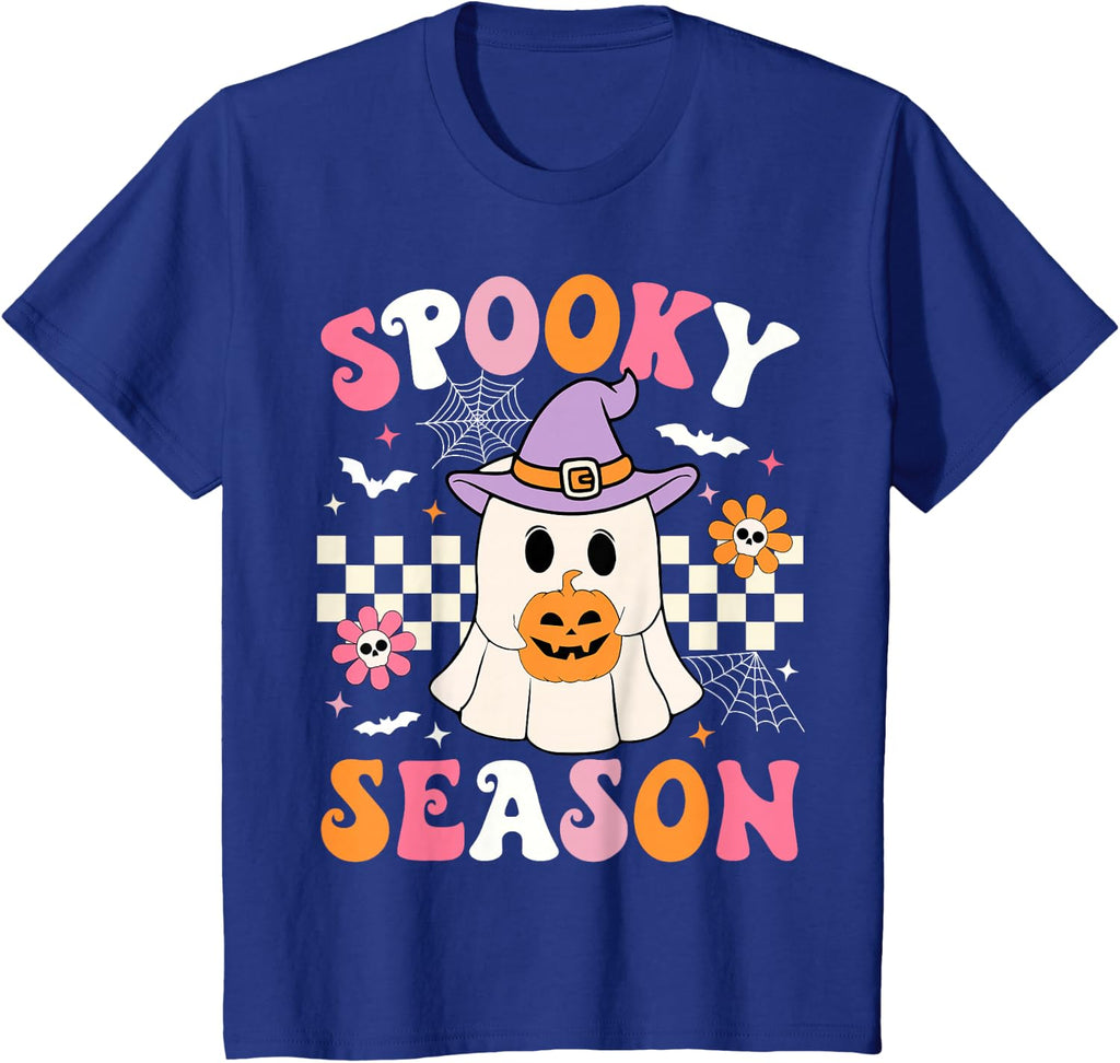Spooky Season Ghost Holding Pumpkin Groovy Halloween Ghost T-Shirt