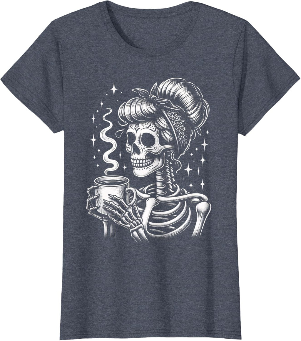 Halloween Skeleton Messy Bun Coffee Funny Costume Mom Women T-Shirt
