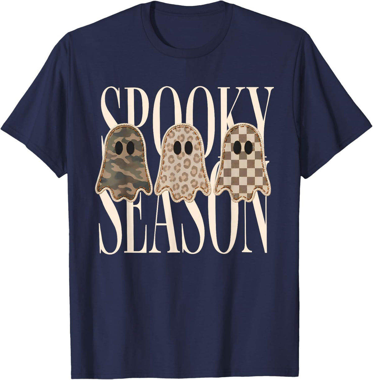 Retro Vintage Spooky Season Leopard Camo Checkered Ghosts T-Shirt
