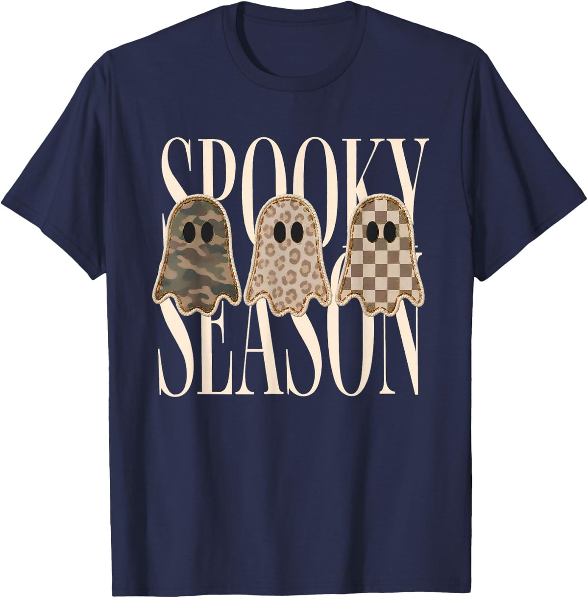 Spooky Season Leopard Camo Checkered Ghost Halloween Fall T-Shirt