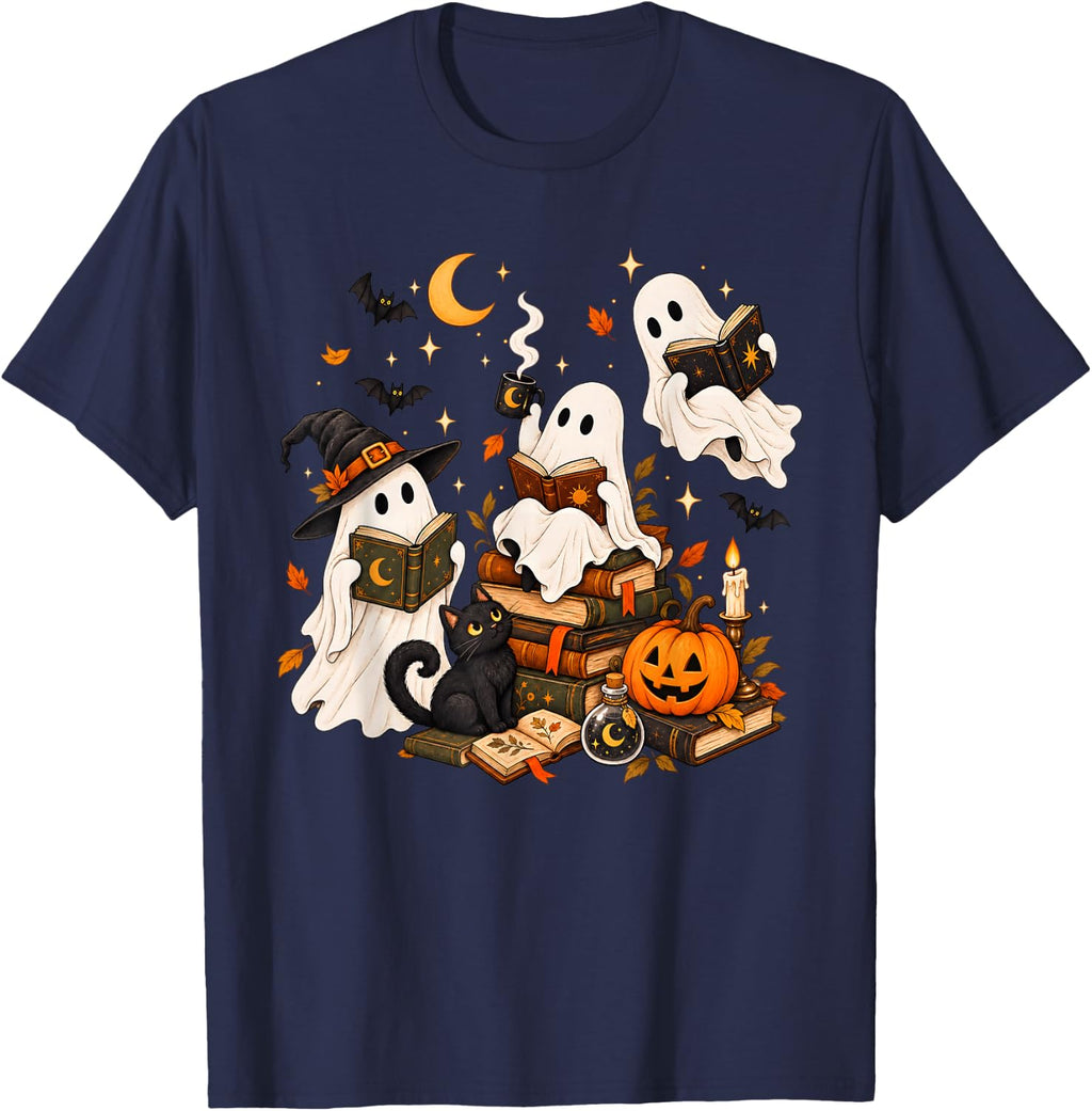 Cute Spooky Ghost Reading Vintage Books Halloween Book Lover T-Shirt