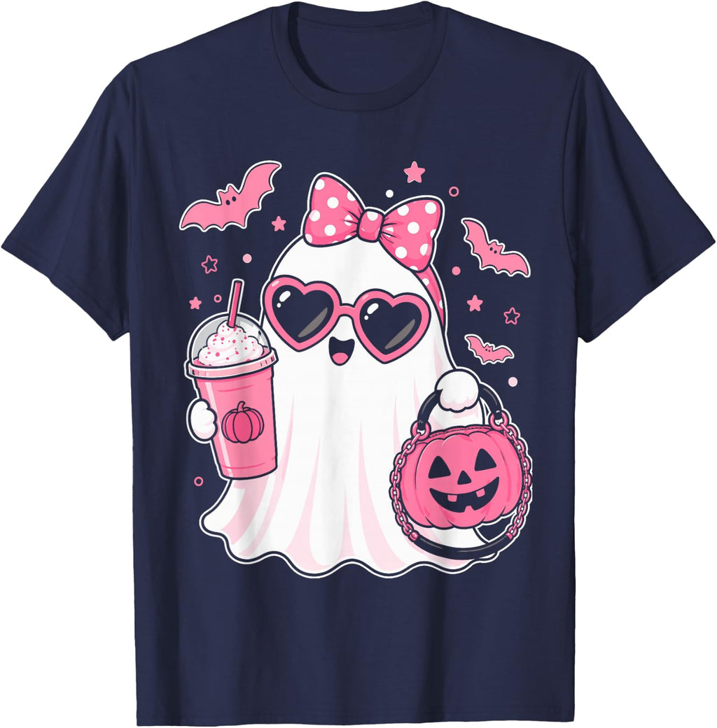 Pink Halloween Ghost Pumpkin Coffee Spooky Women Girls T-Shirt