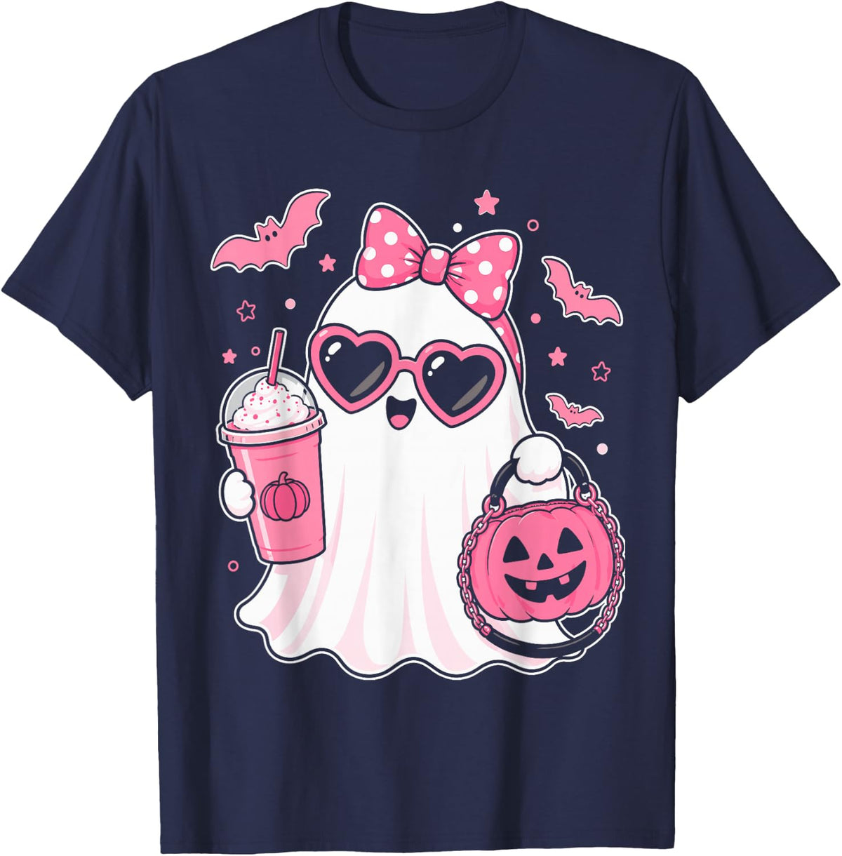 Pink Halloween Ghost Pumpkin Coffee Spooky Women Girls T-Shirt