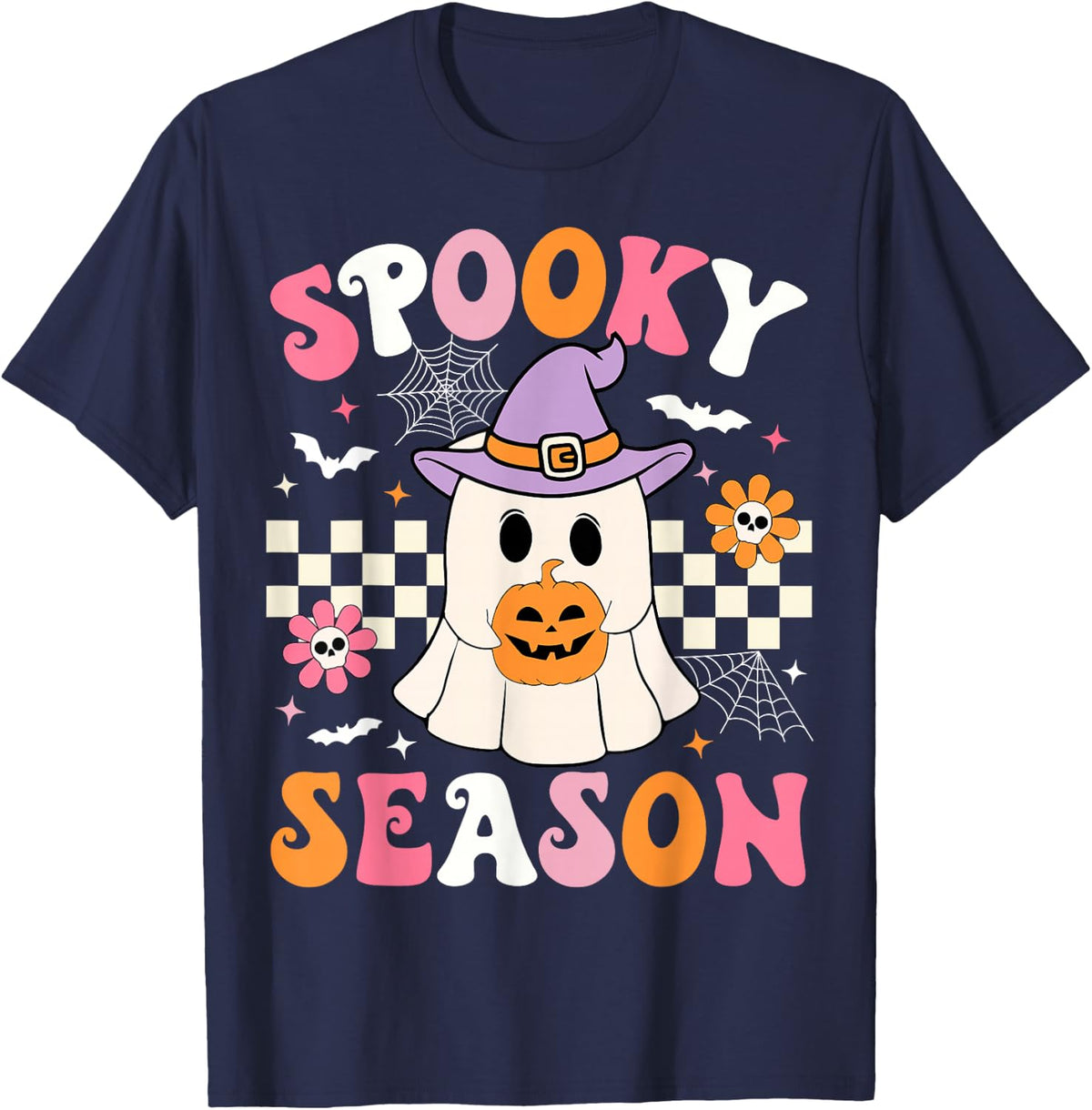 Spooky Season Ghost Holding Pumpkin Groovy Halloween Ghost T-Shirt
