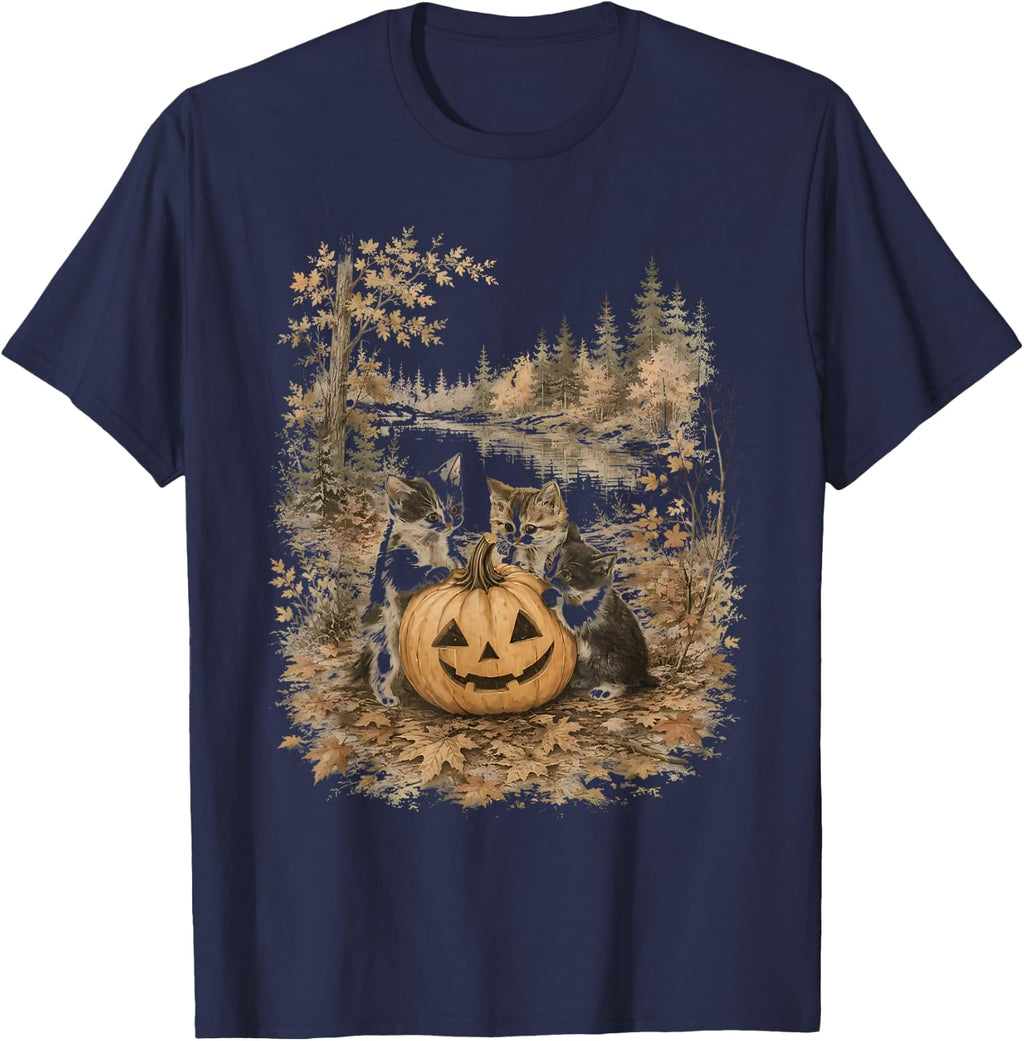 Funny Retro 90s Kitten Black Cats and Pumpkin Halloween T-Shirt