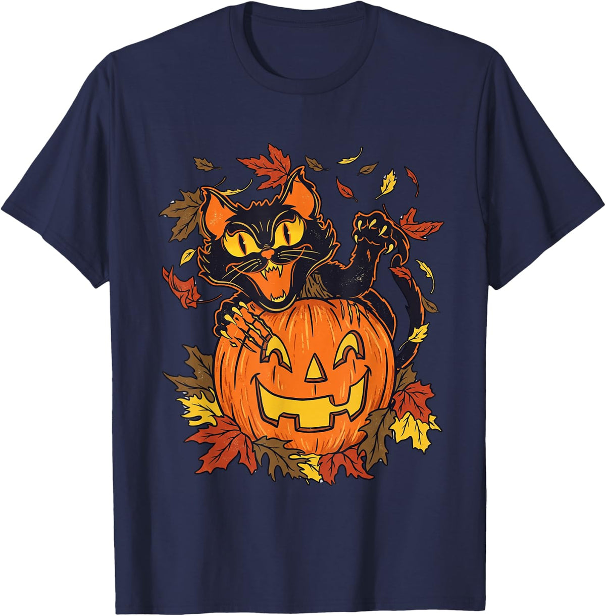 Vintage Black Cat Pumpkin Halloween Spooky Autumn Artwork T-Shirt