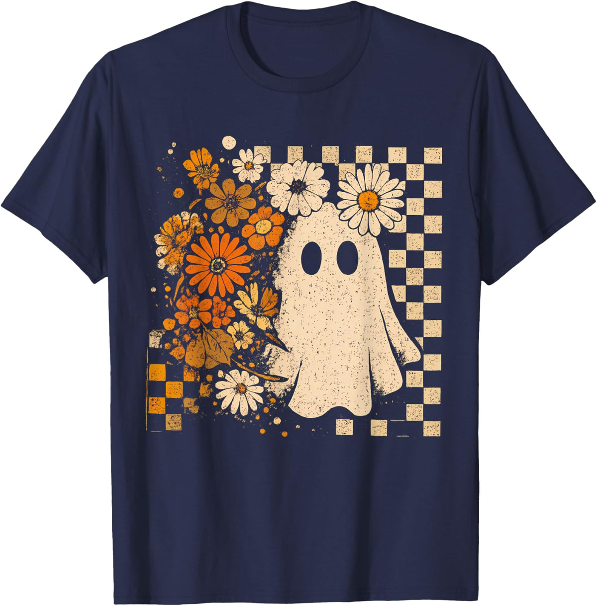 Retro Floral Ghost Checkered Autumn Halloween Women Kids T-Shirt