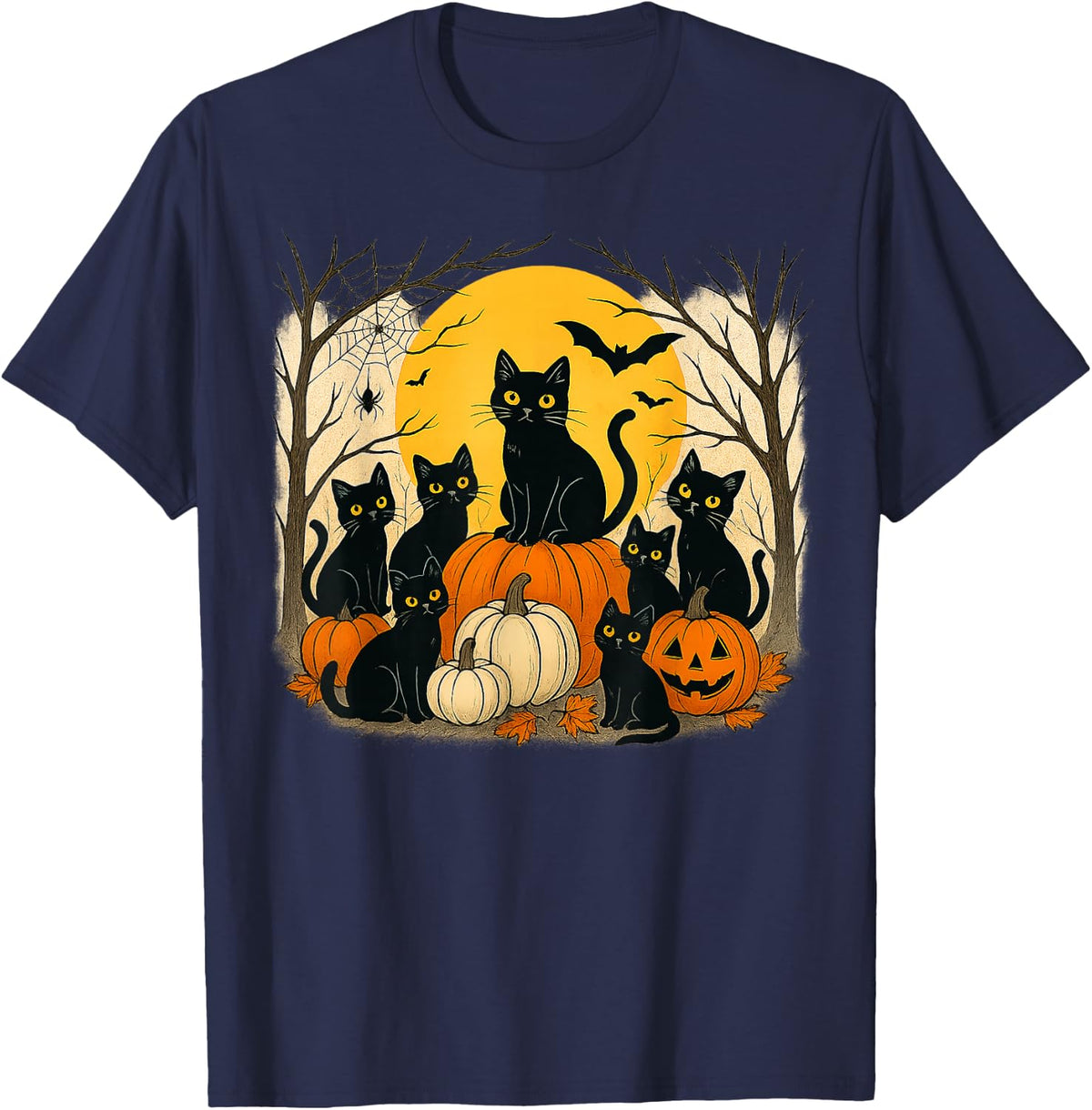 Halloween Black Cats Pumpkins Retro Spooky Night Funny Cat T-Shirt