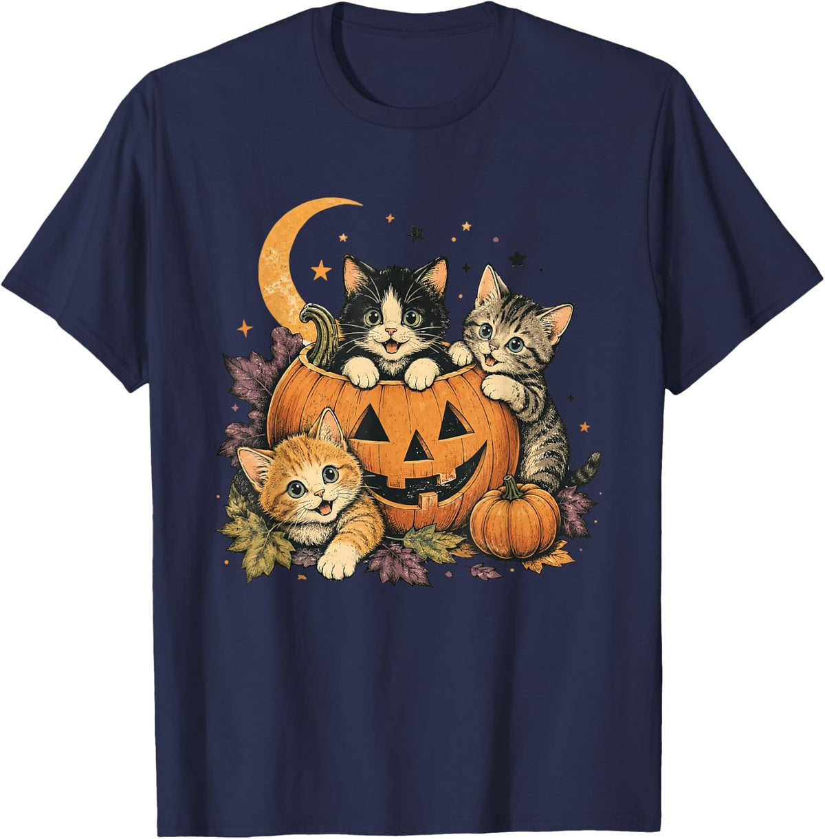 Vintage 90s Retro Kitten Black Cats and Pumpkin Halloween T-Shirt
