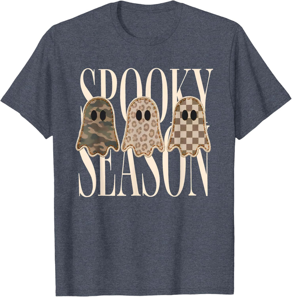 Spooky Season Leopard Camo Checkered Ghost Halloween Fall T-Shirt