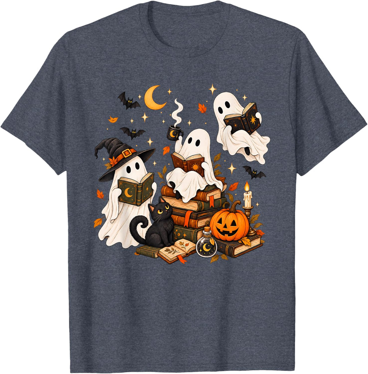 Cute Spooky Ghost Reading Vintage Books Halloween Book Lover T-Shirt