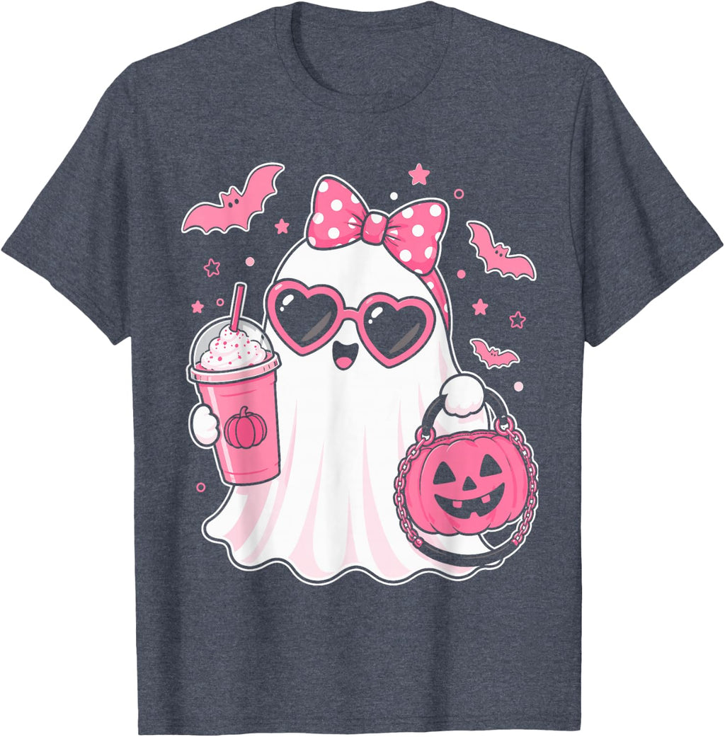 Pink Halloween Ghost Pumpkin Coffee Spooky Women Girls T-Shirt