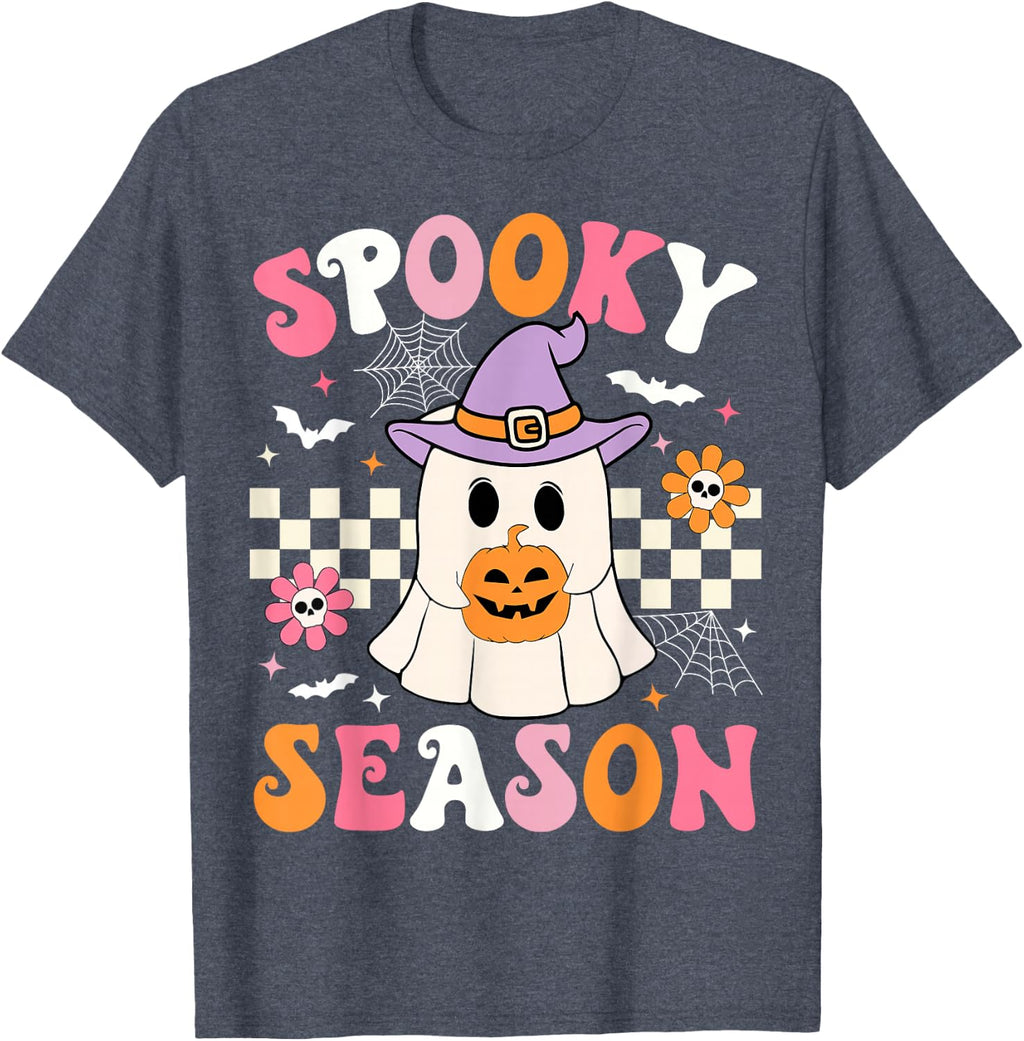 Spooky Season Ghost Holding Pumpkin Groovy Halloween Ghost T-Shirt