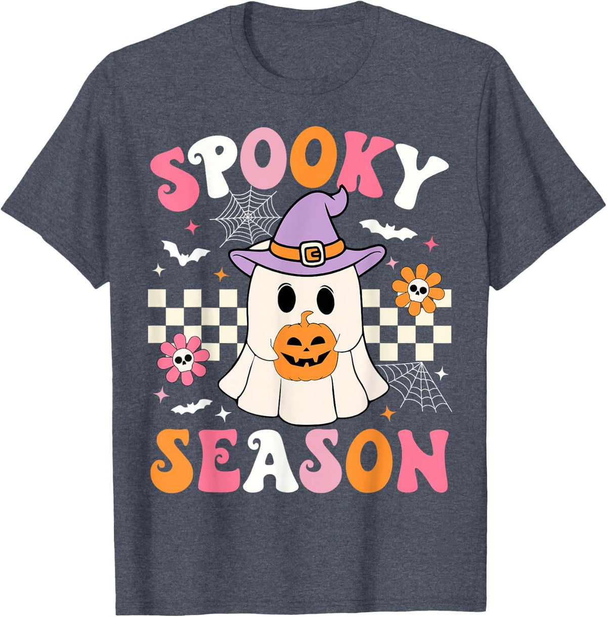 Spooky Season Ghost Holding Pumpkin Groovy Halloween Ghost T-Shirt