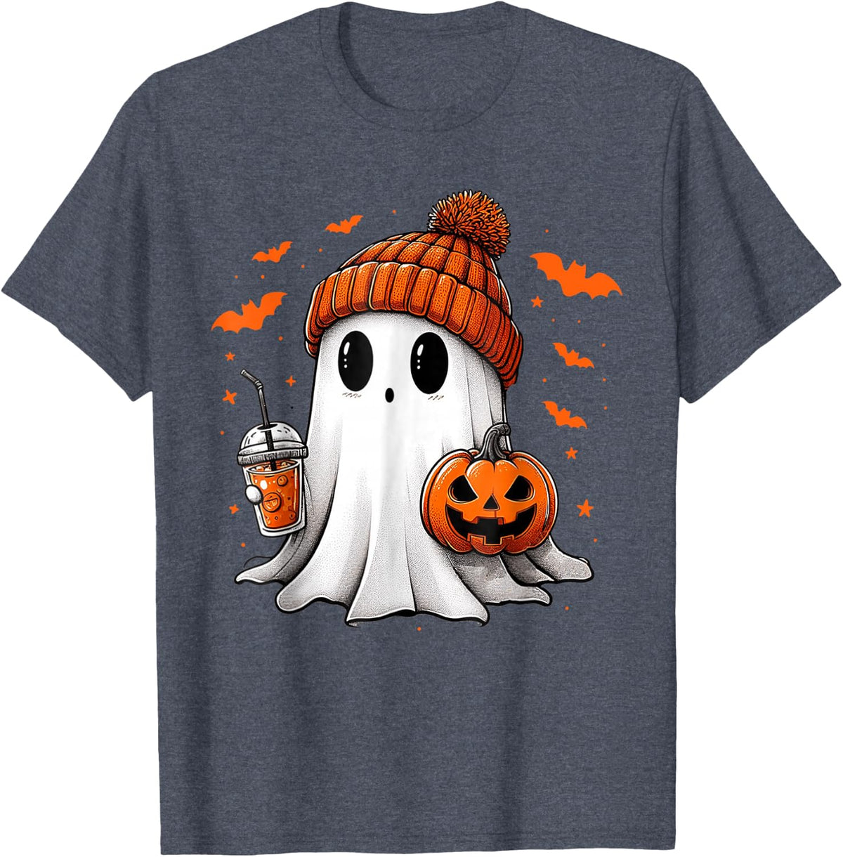 Cute Ghost Drinking Ice Coffee Halloween Pumpkin Mens Womens T-Shirt