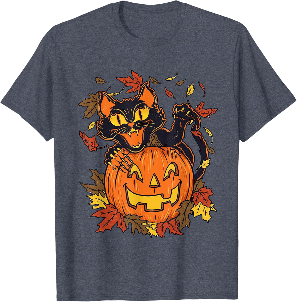 Vintage Black Cat Pumpkin Halloween Spooky Autumn Artwork T-Shirt