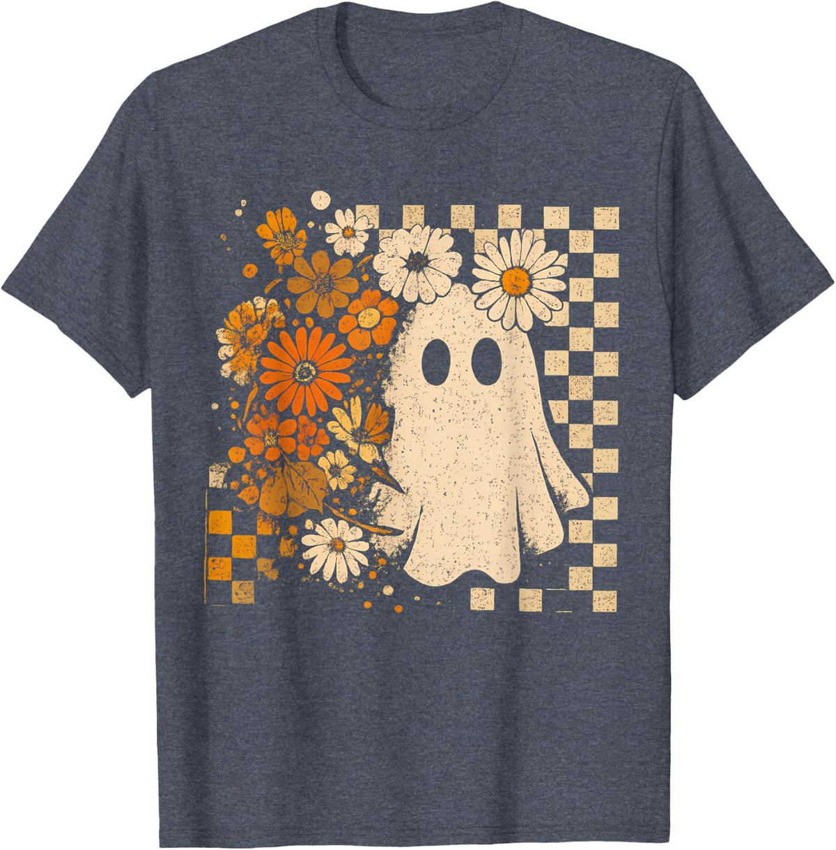 Retro Floral Ghost Checkered Autumn Halloween Women Kids T-Shirt