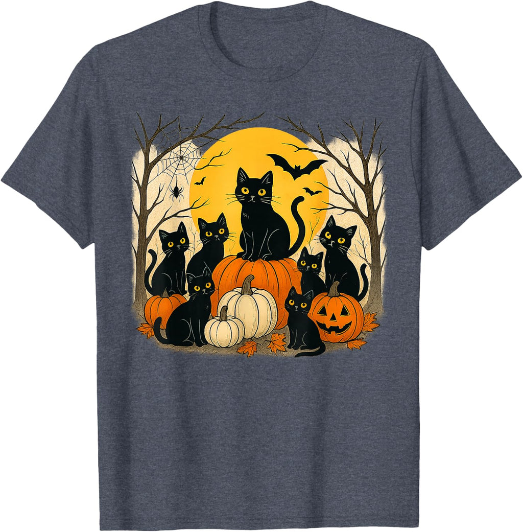 Halloween Black Cats Pumpkins Retro Spooky Night Funny Cat T-Shirt