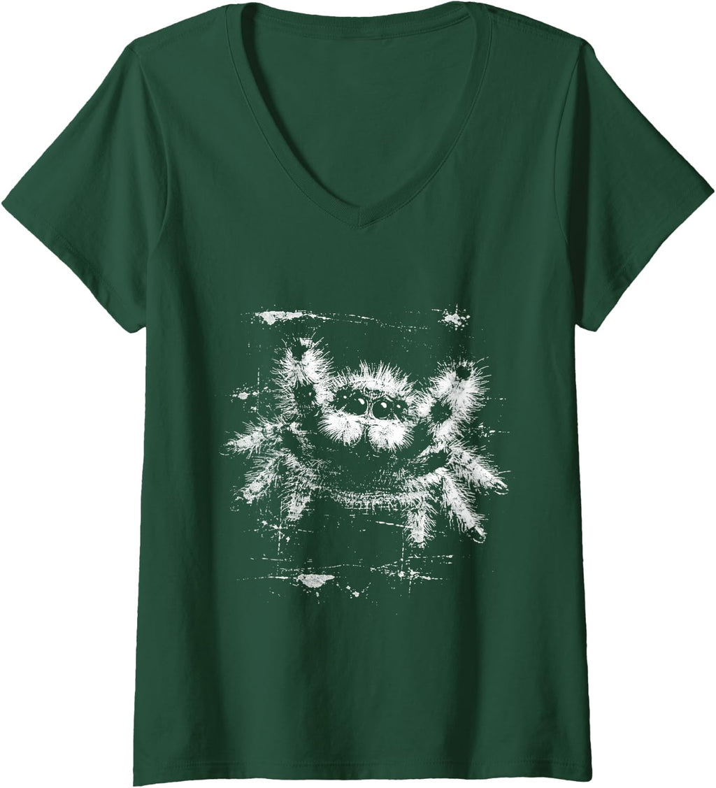 Women's Punk Vintage 90s Jumping Spider Graphic Horror Halloween V-Neck T-Shirt