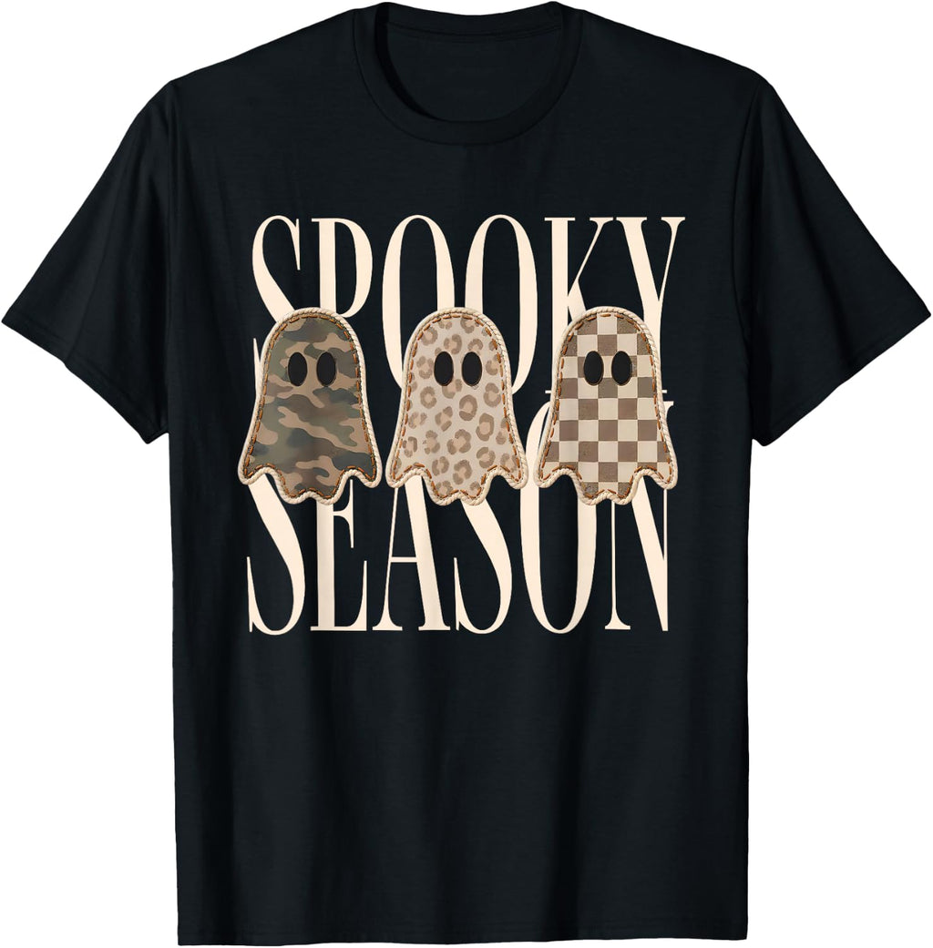 Retro Vintage Spooky Season Leopard Camo Checkered Ghosts T-Shirt