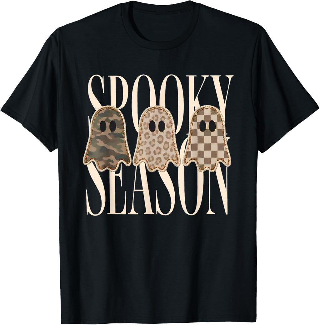 Spooky Season Leopard Camo Checkered Ghost Halloween Fall T-Shirt