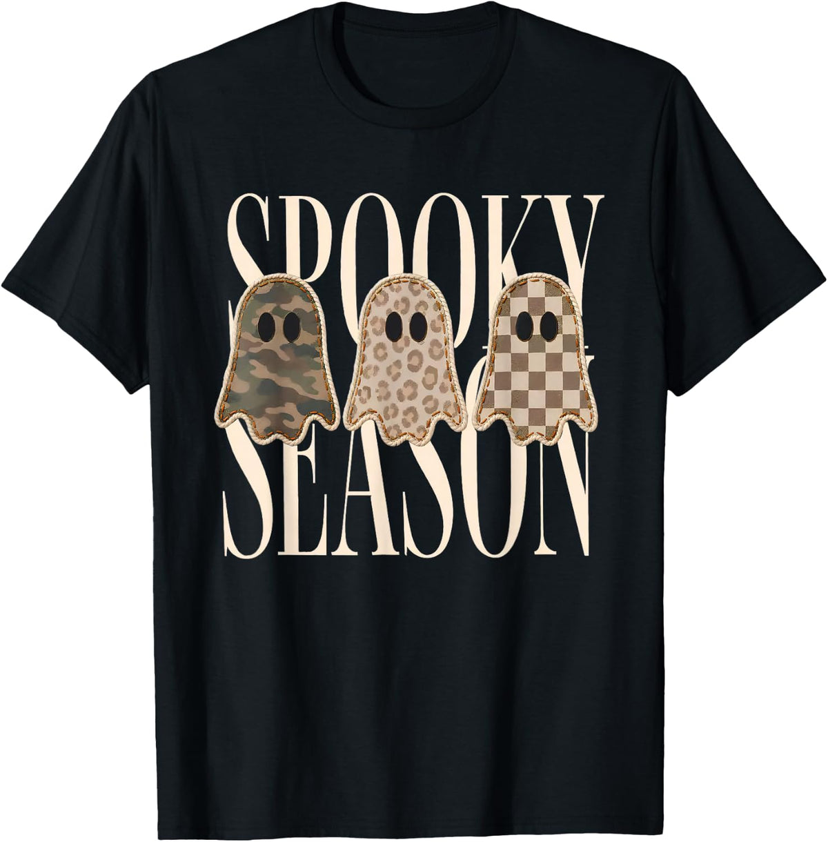 Spooky Season Leopard Camo Checkered Ghost Halloween Fall T-Shirt