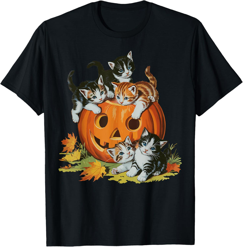 Vintage 90s Cat Pumpkin Halloween Retro Women Spooky Season T-Shirt
