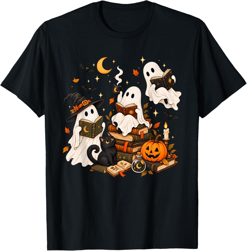 Cute Spooky Ghost Reading Vintage Books Halloween Book Lover T-Shirt