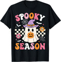 Spooky Season Ghost Holding Pumpkin Groovy Halloween Ghost T-Shirt