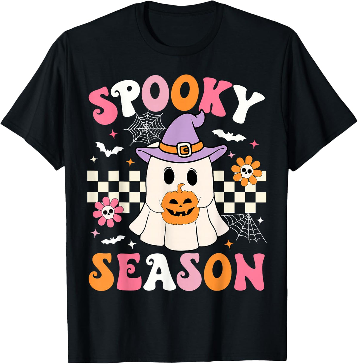 Spooky Season Ghost Holding Pumpkin Groovy Halloween Ghost T-Shirt