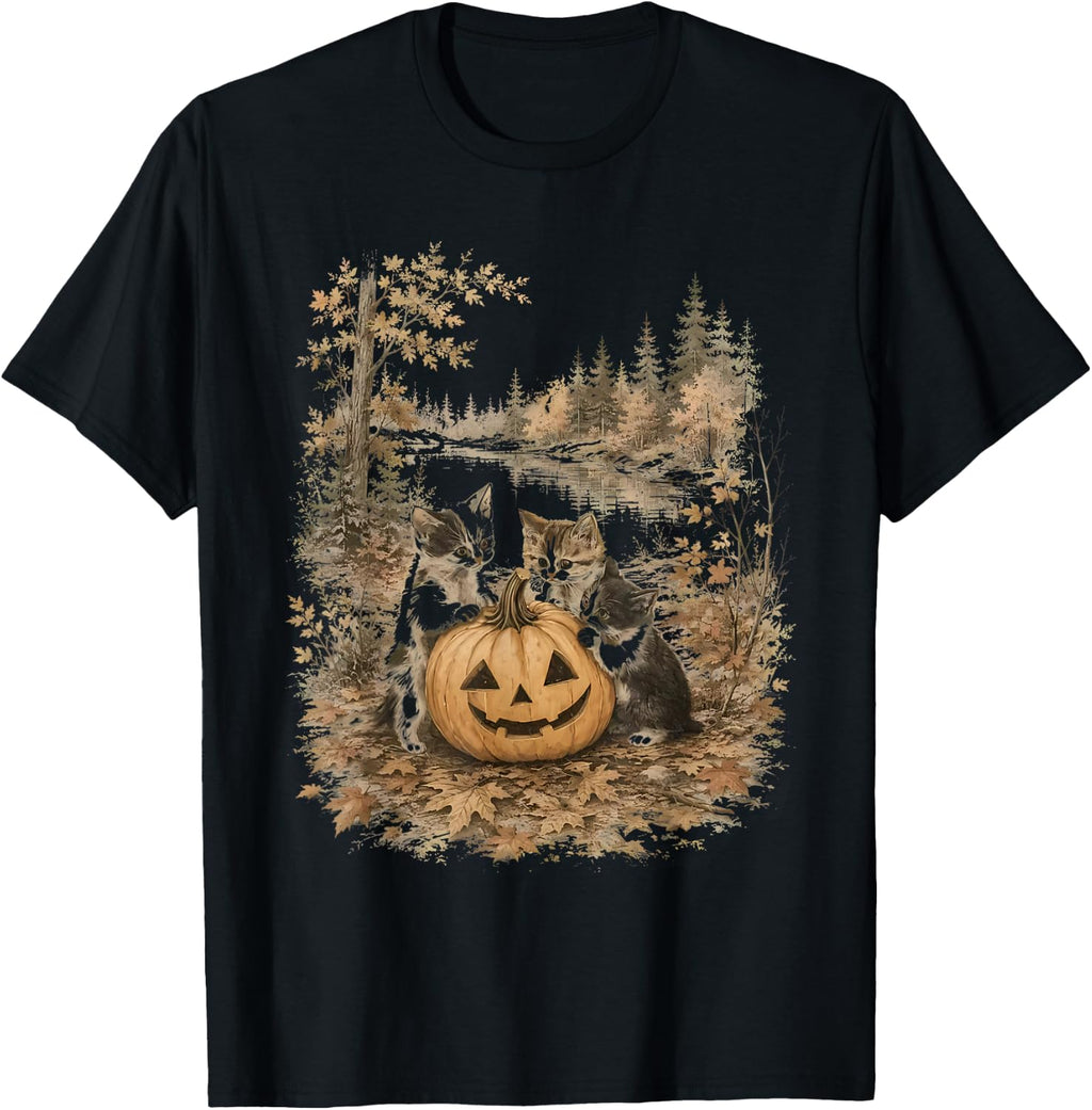 Funny Retro 90s Kitten Black Cats and Pumpkin Halloween T-Shirt