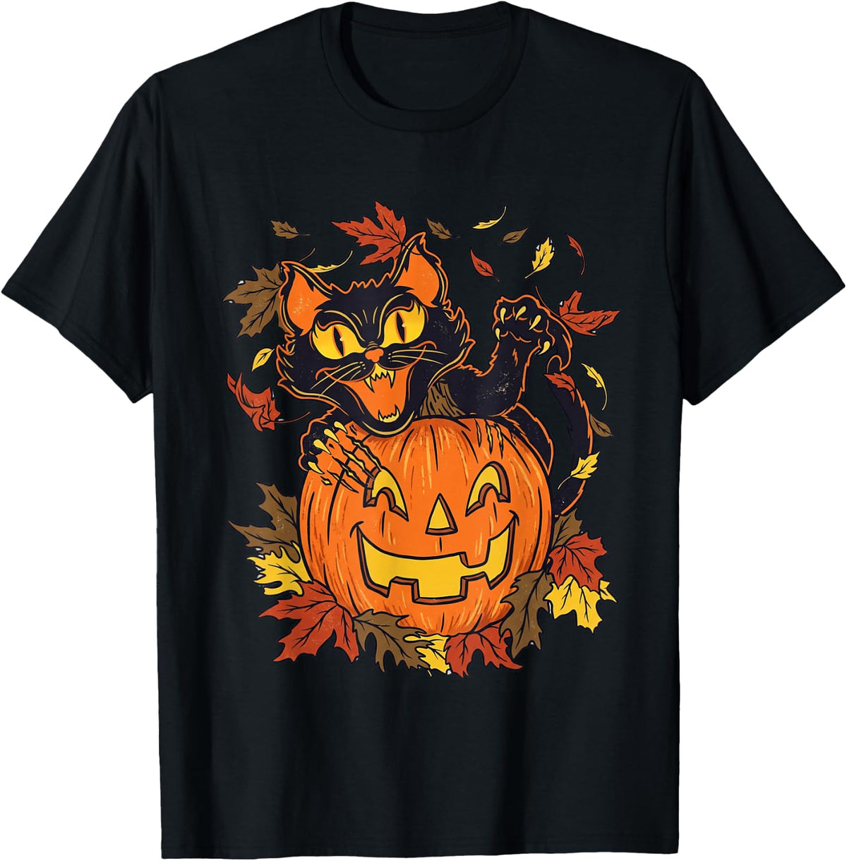 Vintage Black Cat Pumpkin Halloween Spooky Autumn Artwork T-Shirt