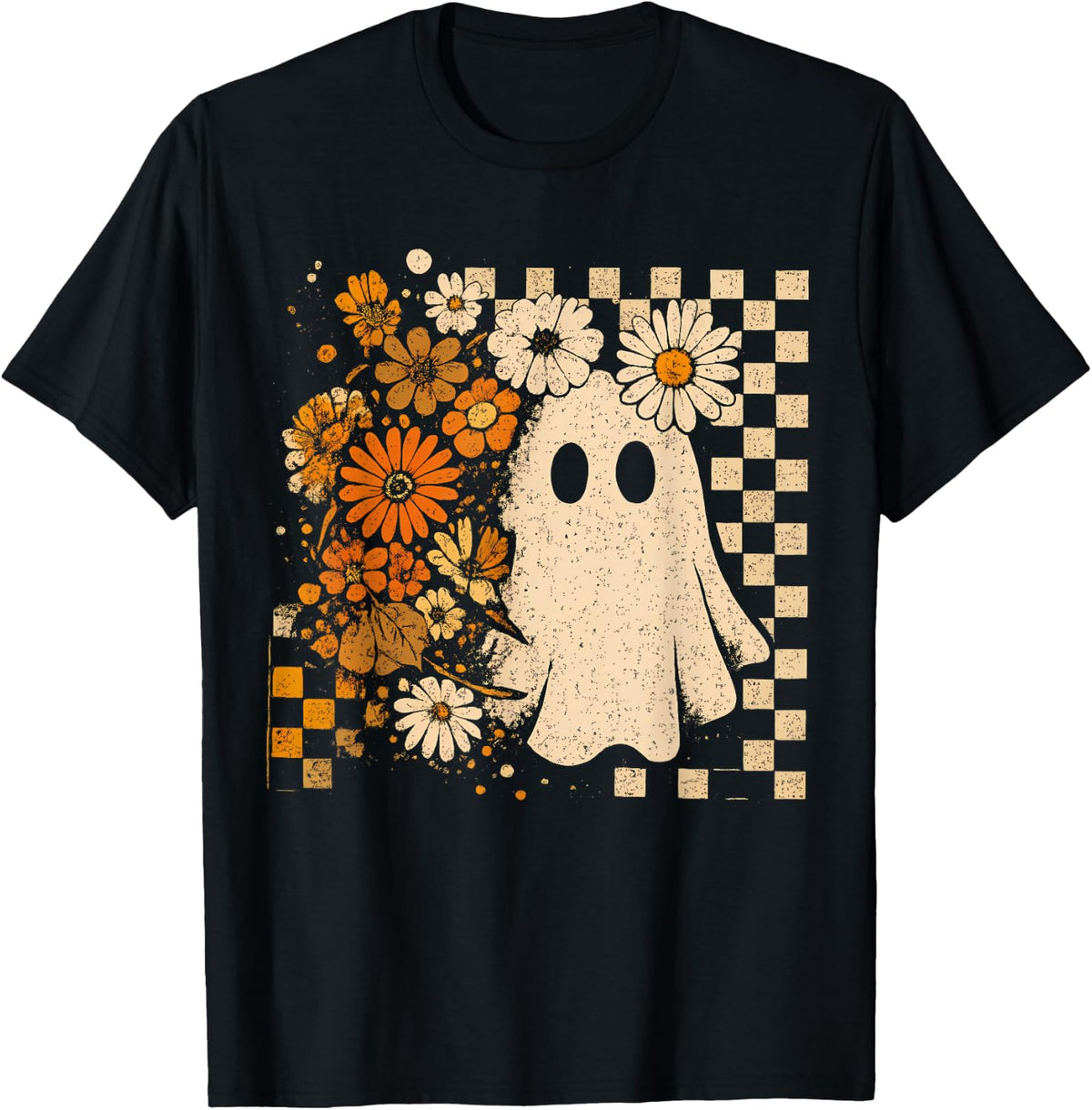 Retro Floral Ghost Checkered Autumn Halloween Women Kids T-Shirt