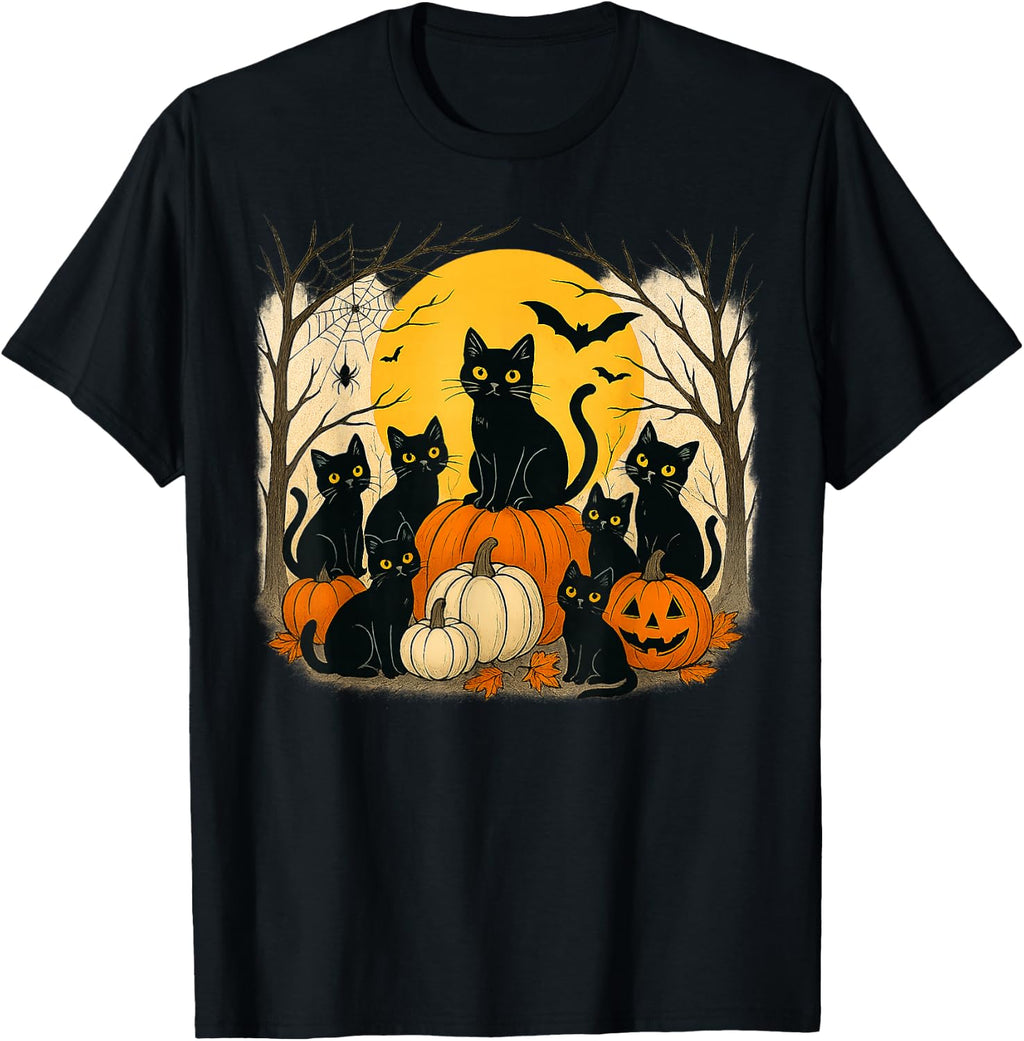 Halloween Black Cats Pumpkins Retro Spooky Night Funny Cat T-Shirt