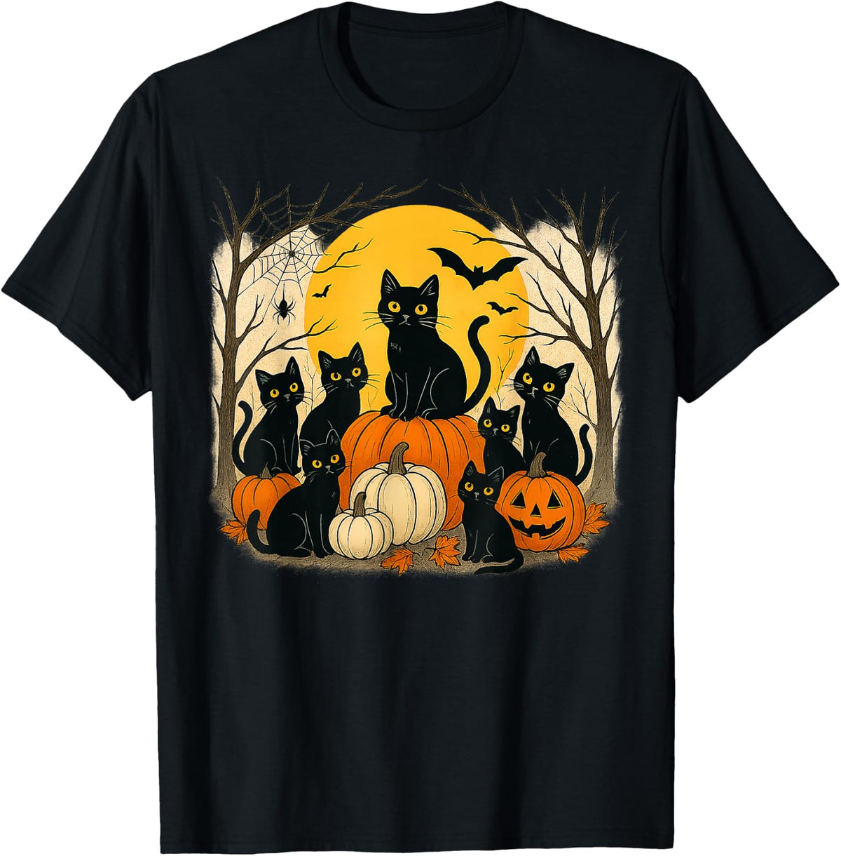 Halloween Black Cats Pumpkins Retro Spooky Night Funny Cat T-Shirt
