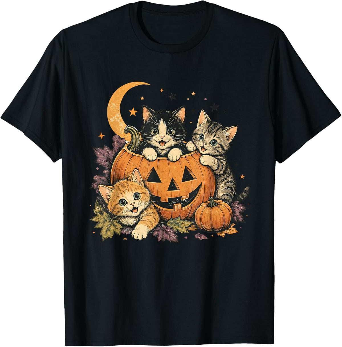 Vintage 90s Retro Kitten Black Cats and Pumpkin Halloween T-Shirt