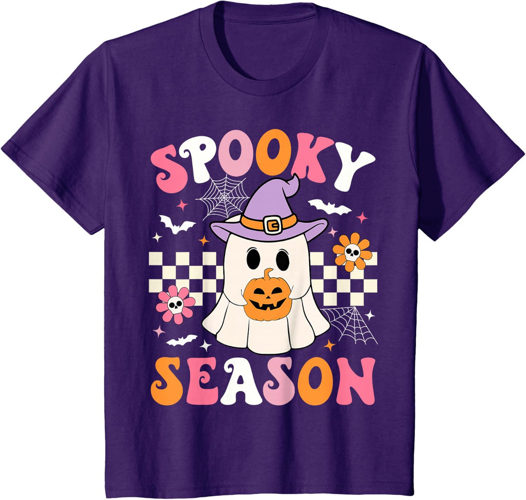 Spooky Season Ghost Holding Pumpkin Groovy Halloween Ghost T-Shirt