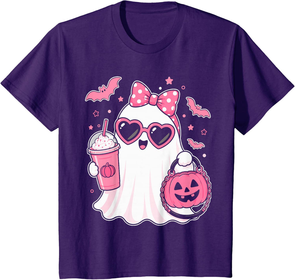 Pink Halloween Ghost Pumpkin Coffee Spooky Women Girls T-Shirt
