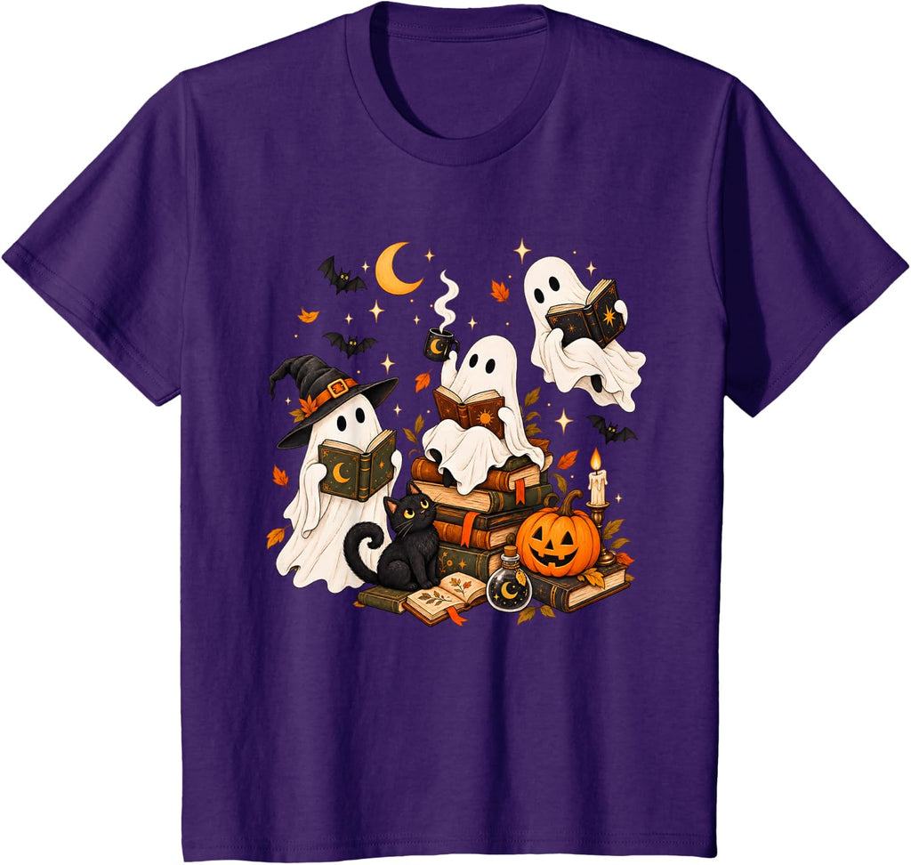 Cute Spooky Ghost Reading Vintage Books Halloween Book Lover T-Shirt