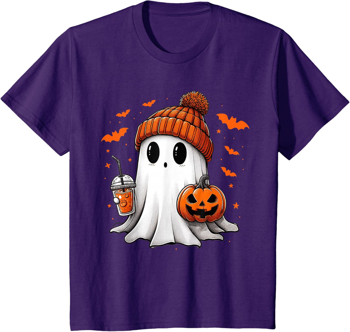 Cute Ghost Drinking Ice Coffee Halloween Pumpkin Mens Womens T-Shirt