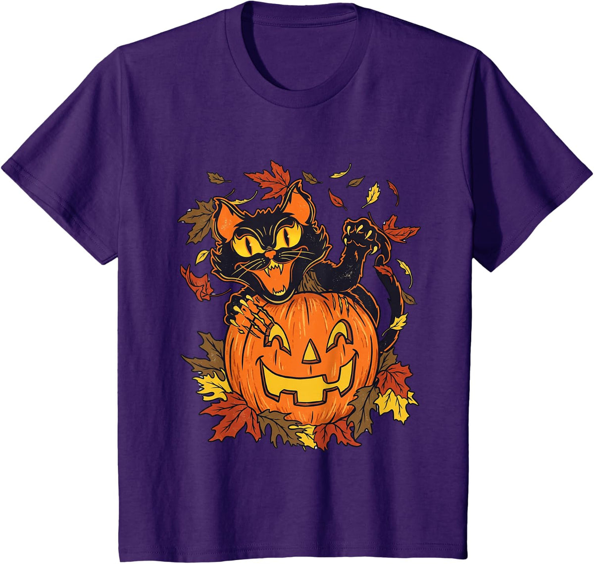 Vintage Black Cat Pumpkin Halloween Spooky Autumn Artwork T-Shirt