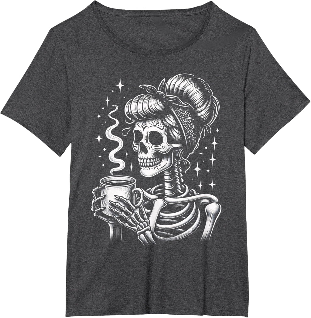 Halloween Skeleton Messy Bun Coffee Funny Costume Mom Women T-Shirt