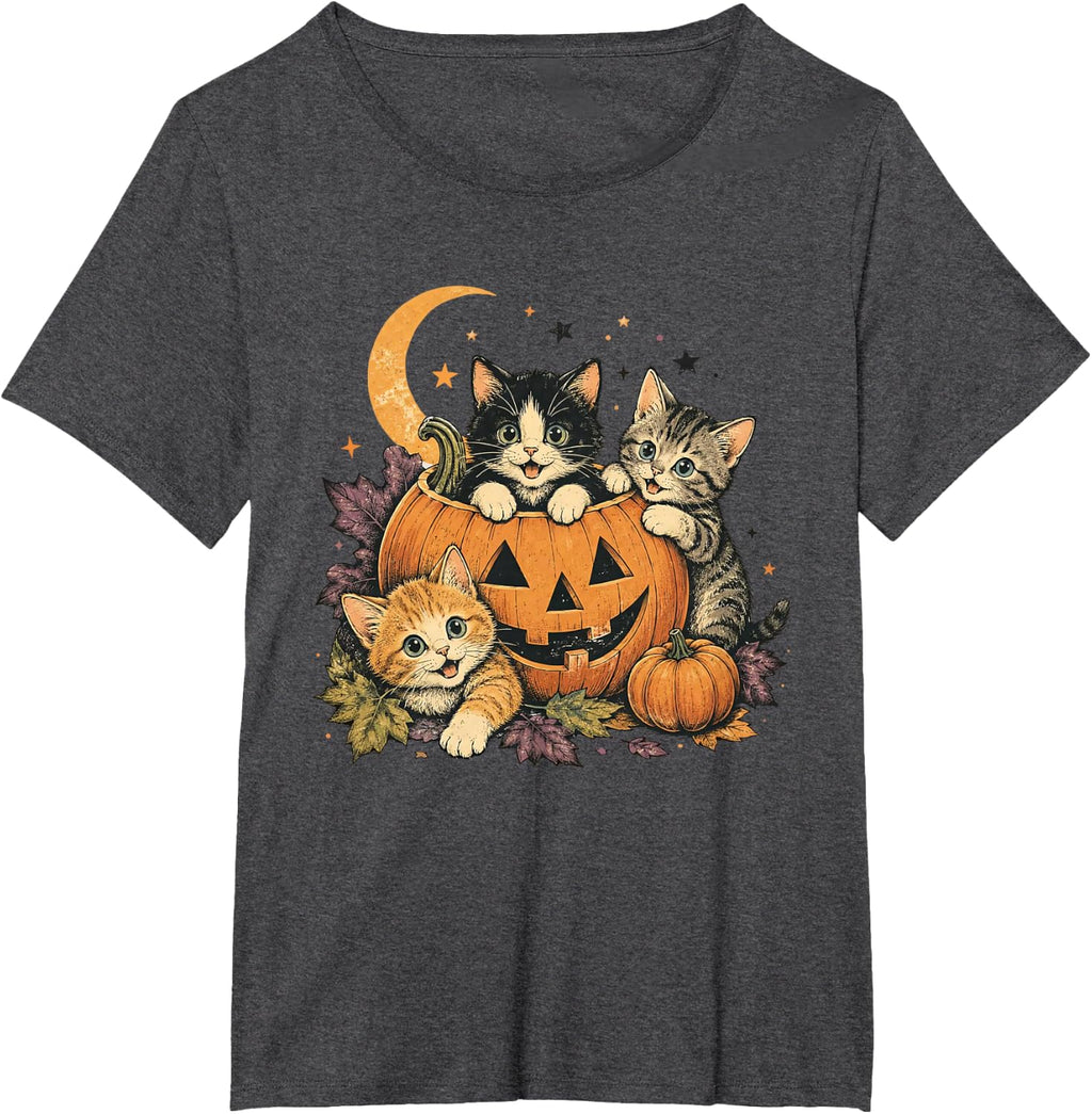 Vintage 90s Retro Kitten Black Cats and Pumpkin Halloween T-Shirt