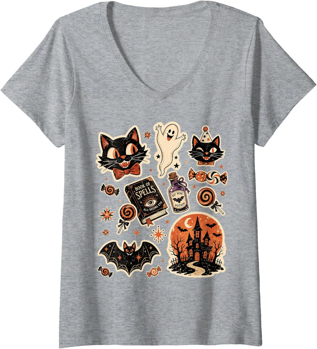 Women's Retro Vintage Halloween Black Cat Ghost Pumpkin Season V-Neck T-Shirt