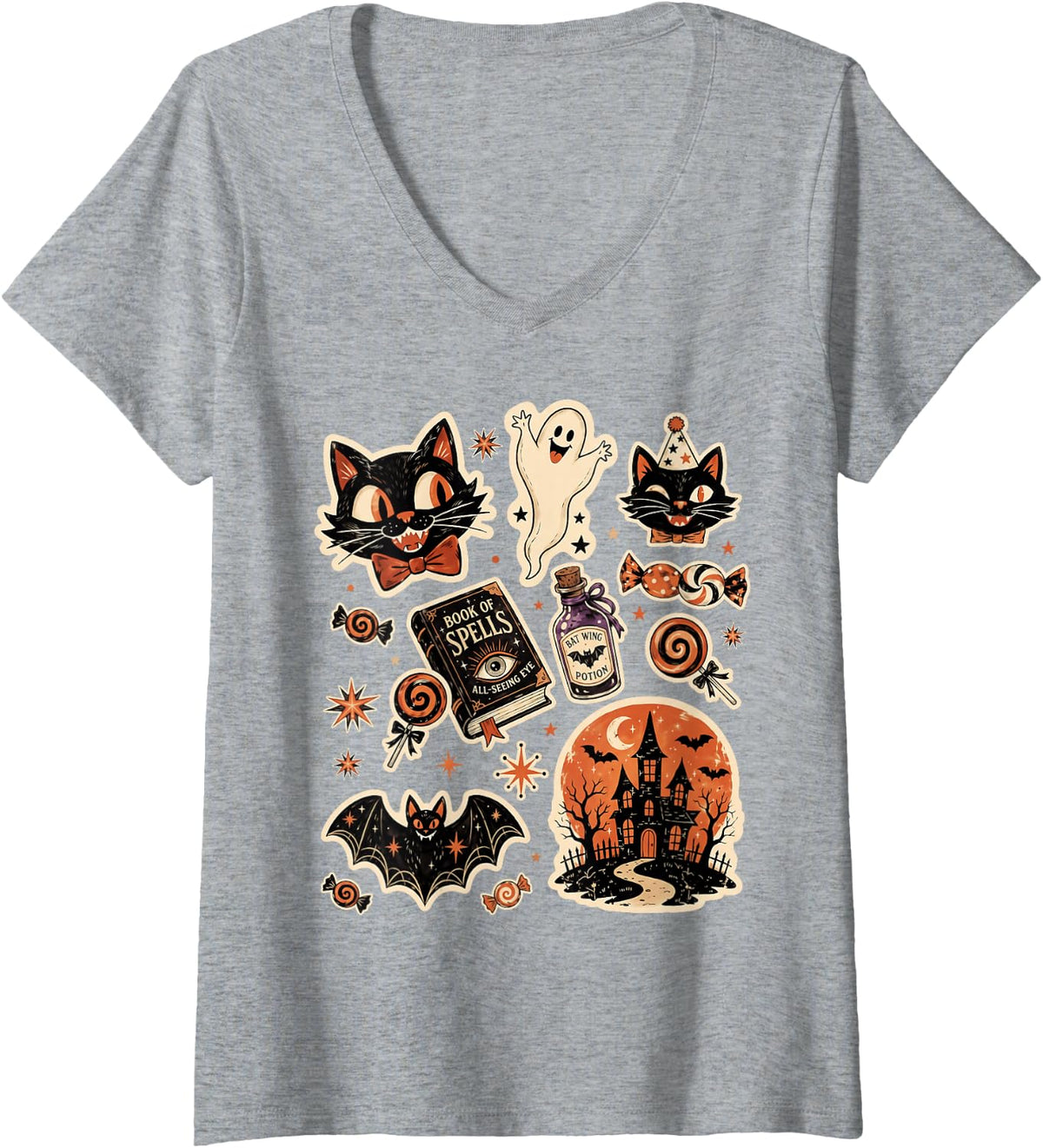 Women's Retro Vintage Halloween Black Cat Ghost Pumpkin Season V-Neck T-Shirt