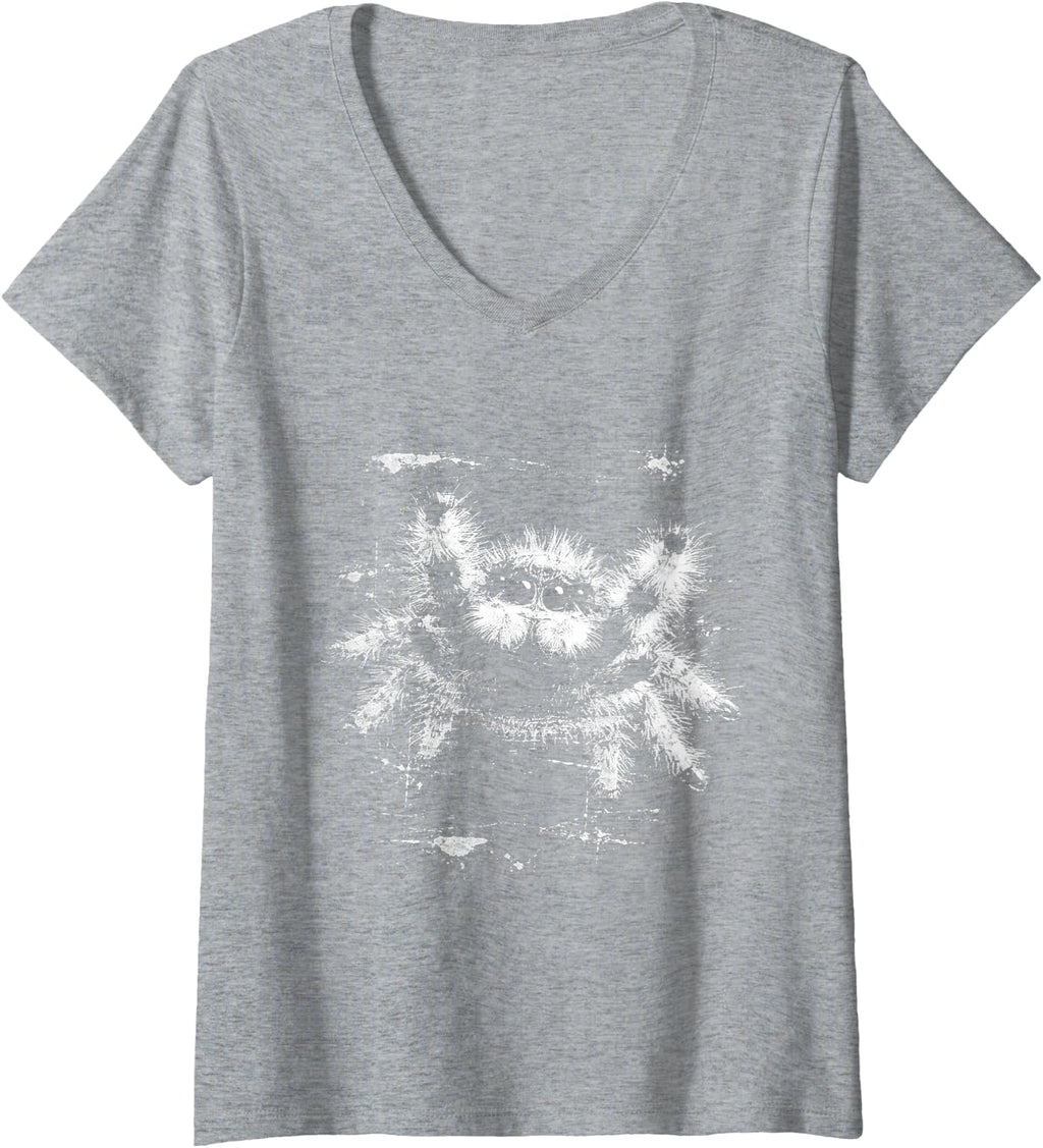 Women's Punk Vintage 90s Jumping Spider Graphic Horror Halloween V-Neck T-Shirt